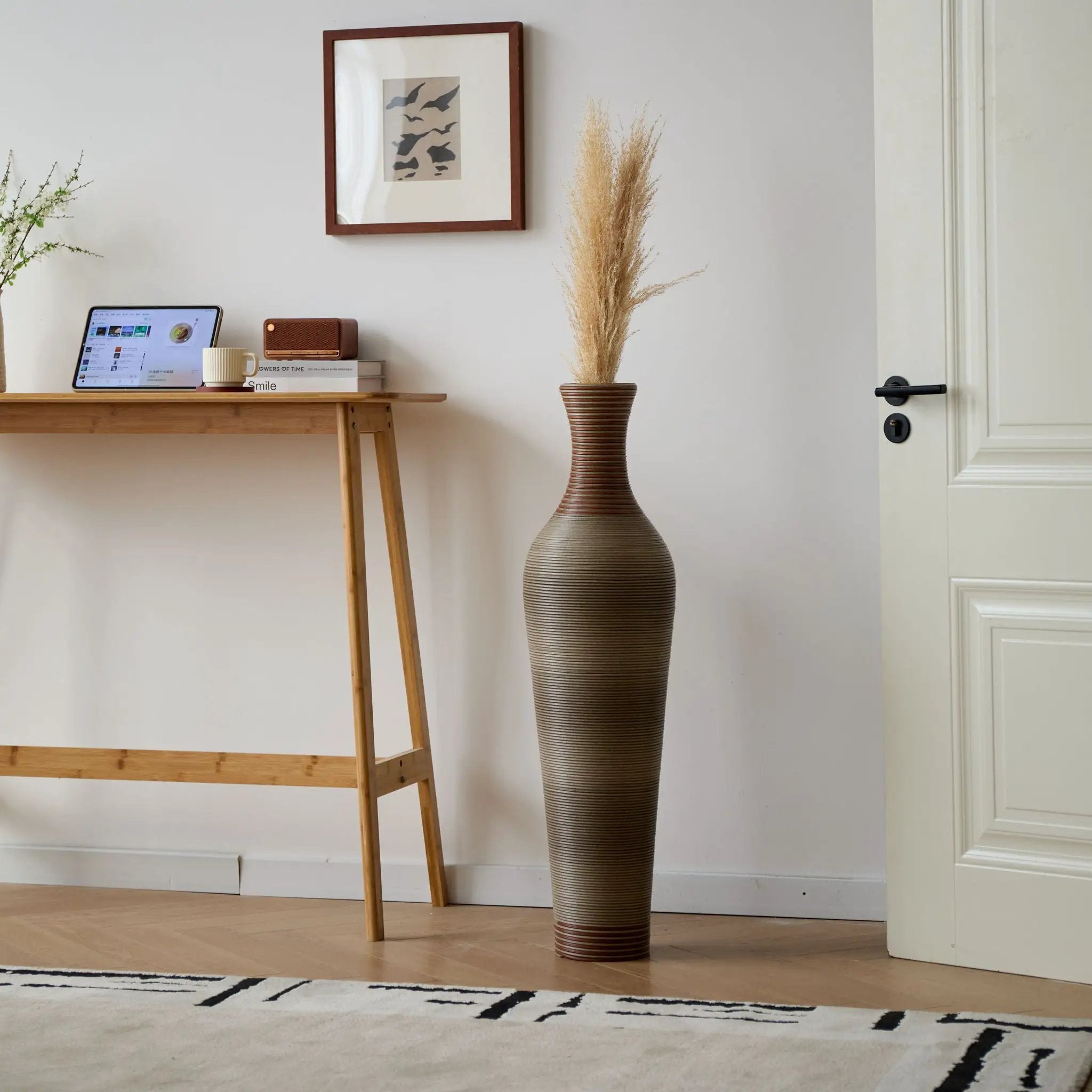Tall Vase - Brown Decorative Floor Vase, Classic Neat Floor Vase Tall Freestanding Flower Holder, Artificial Rattan Vase, Floor Vase, Flower Holder For Home Decor - Gray by HouseOfZazla