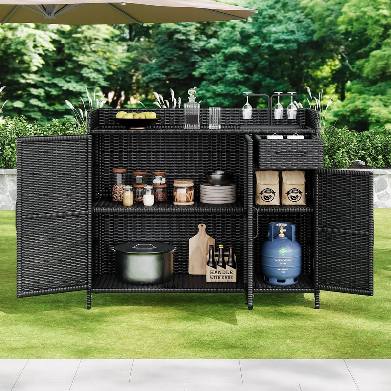 K&K 47.5"W Wicker Outdoor Storage Cabinet with Tempered Glass Top by HouseOfZazla