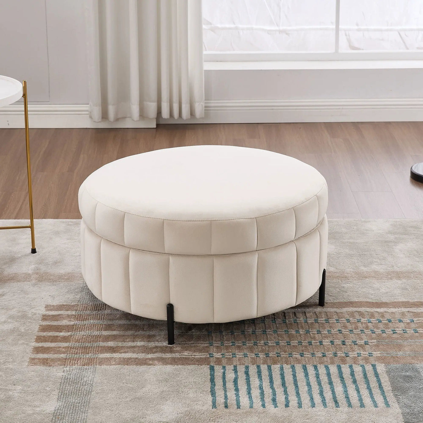Upholstered Round Ottoman With Reversible Lid, Channel Tufted Pumpkin Shape by HouseOfZazla