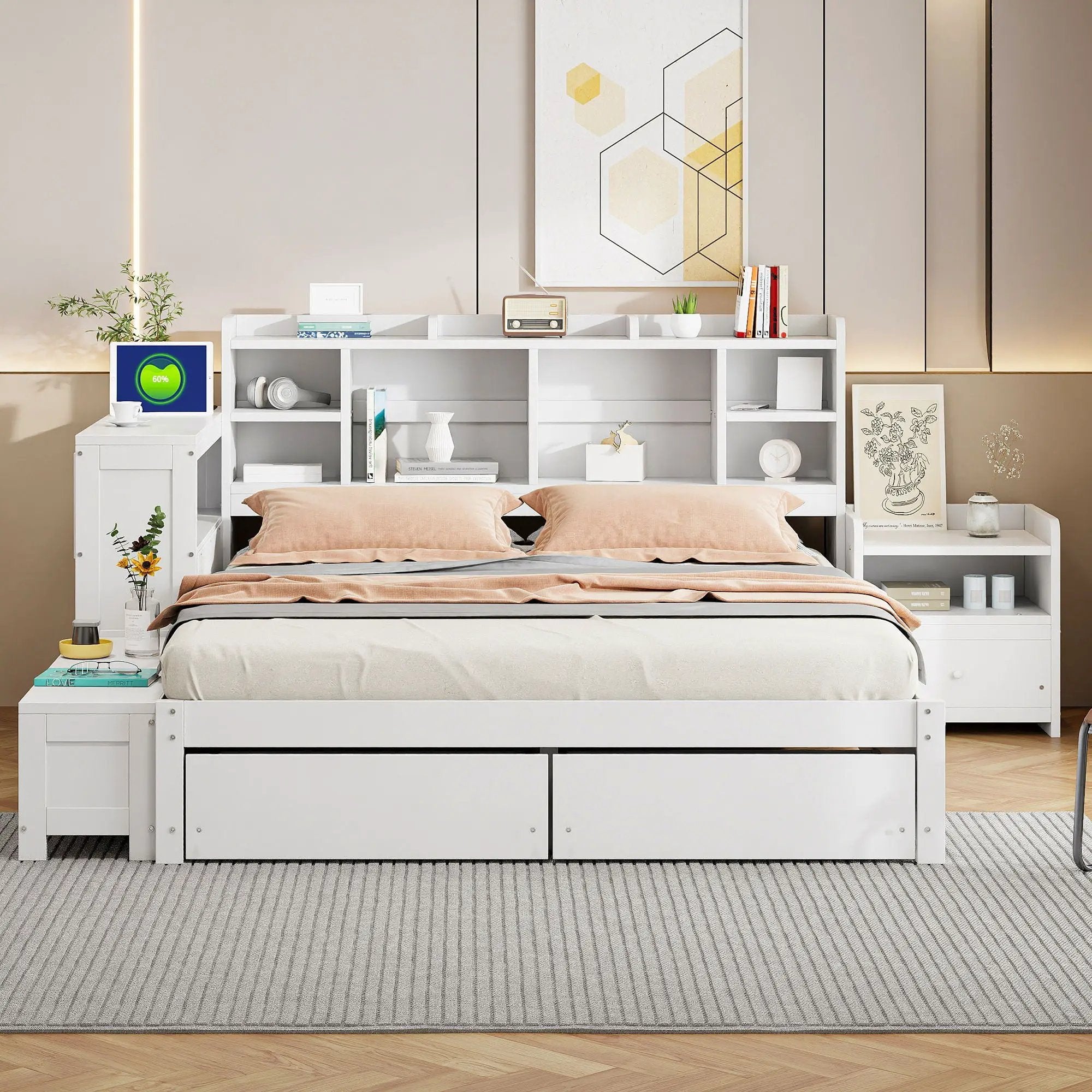 Platform Bed With Multi Functional Storage Space, Nightstand, 2 Drawers, USB Ports And Desk by HouseOfZazla