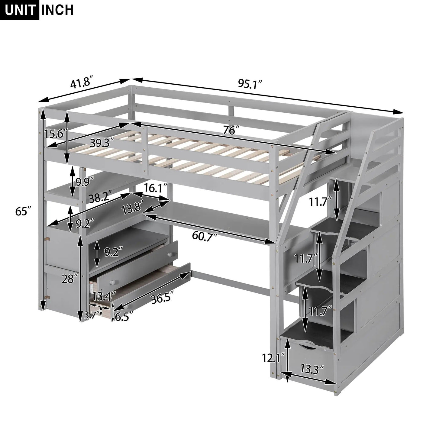 Loft Bed With Desk, Shelves, 2 Drawers, Storage Staircase by Unique Piece Furniture