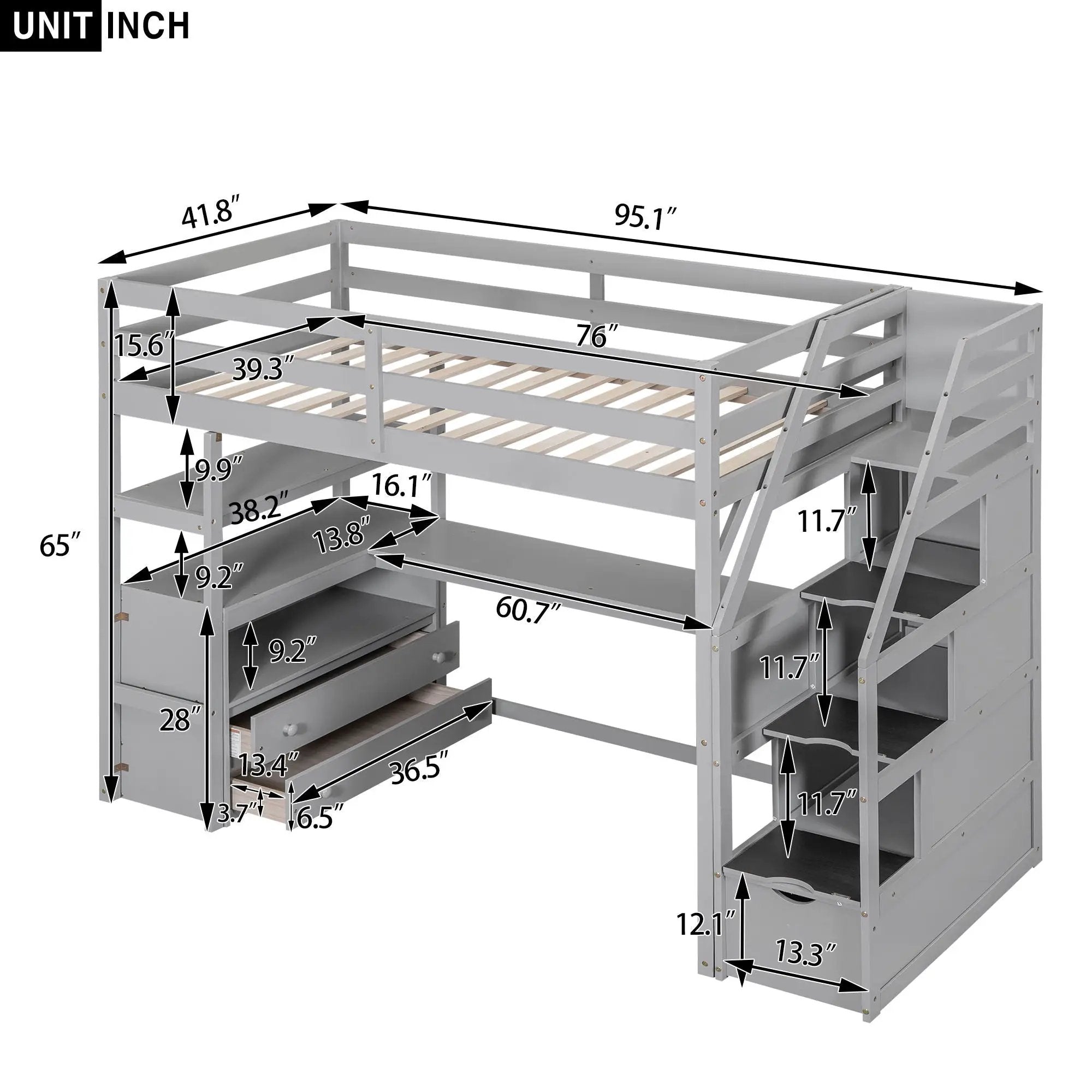 Loft Bed With Desk, Shelves, 2 Drawers, Storage Staircase by Unique Piece Furniture