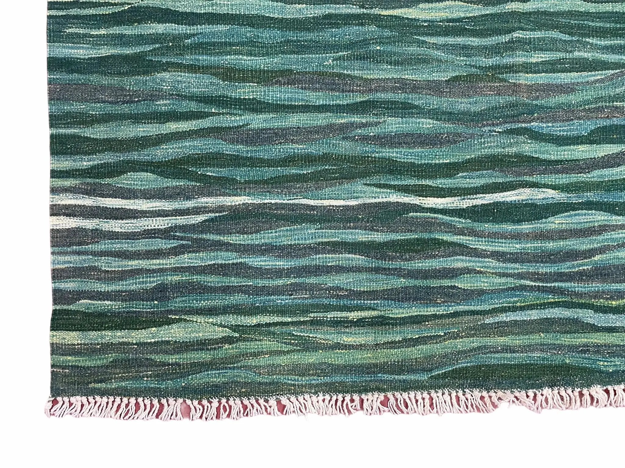 Sea Green Kilim Area Rug, White Blue Red Stripes, Russian Flag Rug, Flatweave Hand Knotted Carpet, Turkish Carpet, Wool, New, 5' 6" x 7' 10" by Jewel Rugs
