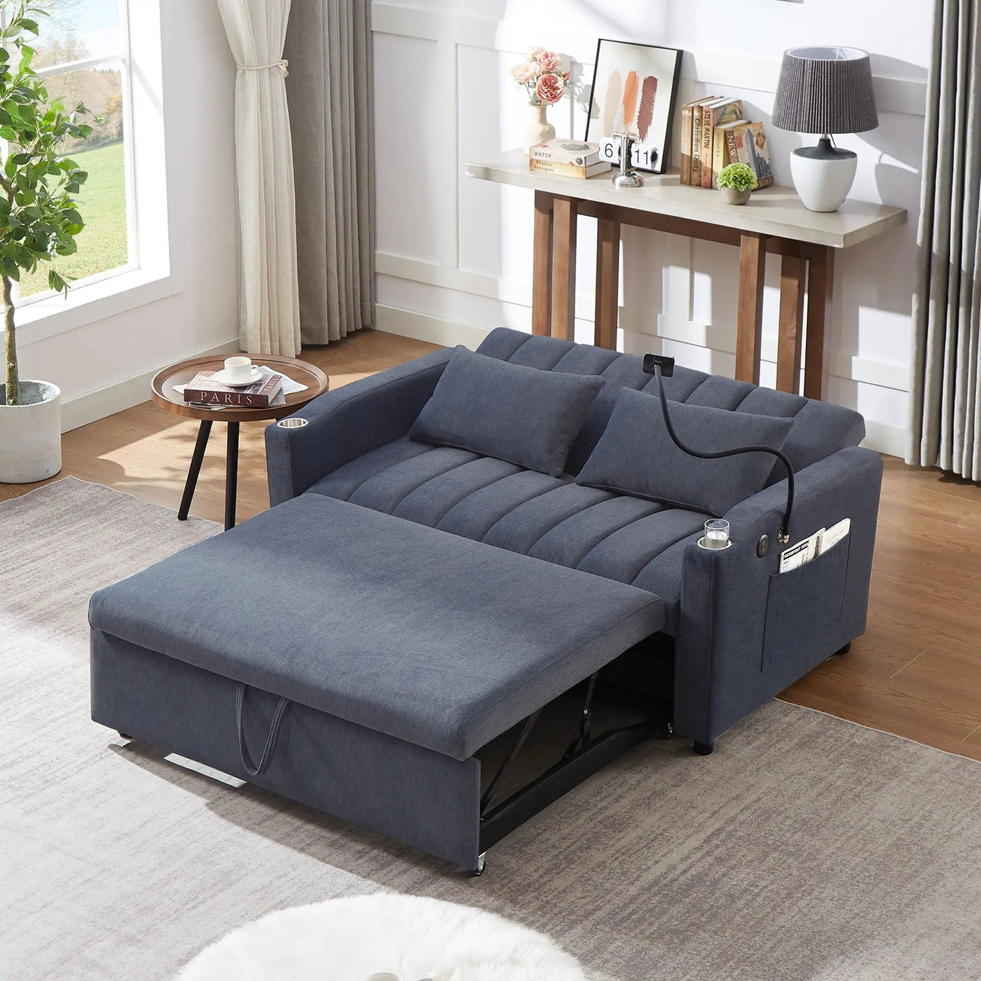 Convertible Sofa Bed Loveseat Sofa With Three USB Ports, Two Side Pockets, Two Cup Holders And 360° swivel Phone Holder For Living Room by HouseOfZazla
