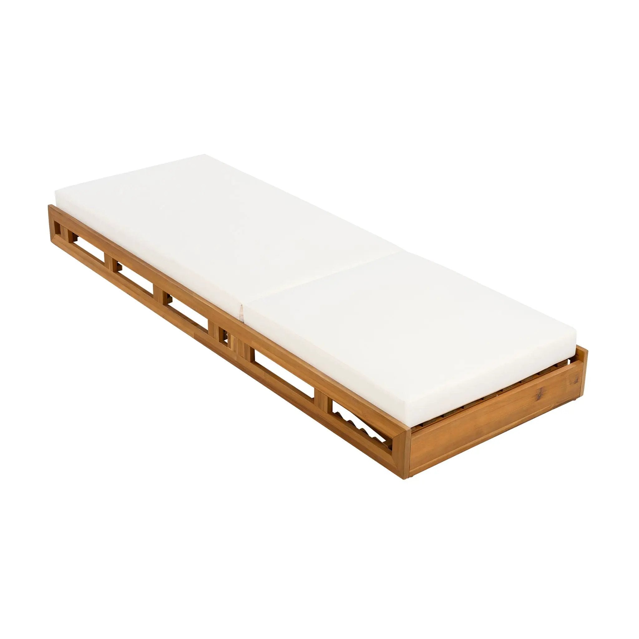 Premium Acacia Wood Lounge Chaise Set With Water Resistant Cushions, Adjustable Recline - Cream / Teak by HouseOfZazla