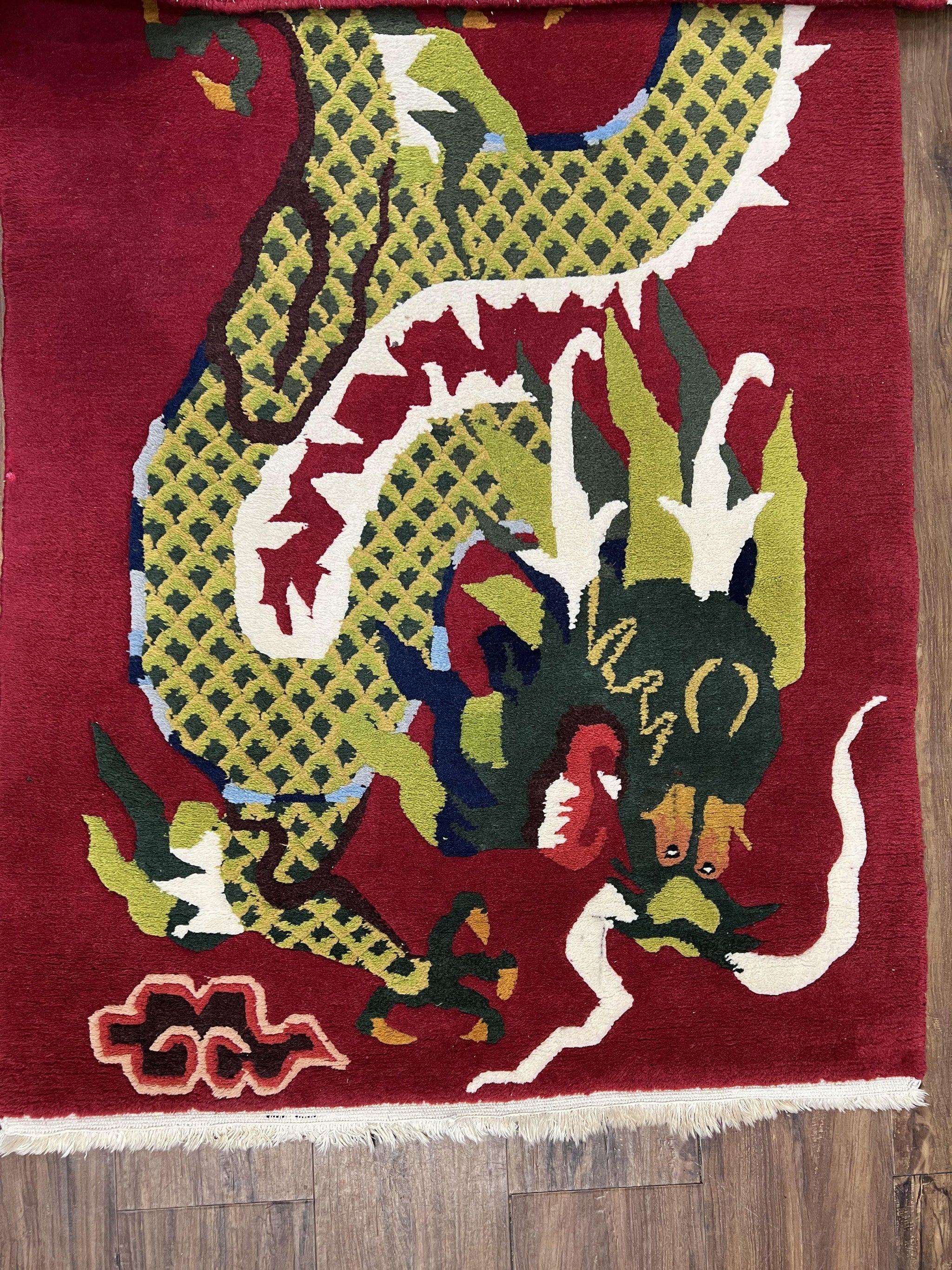 Vintage Chinese Dragon Rug 3 x 6.8, Handmade Hand Knotted Red Chinese Carpet with Gold Dragon, Art Deco Peking Soft Chinese Rug Runner by Jewel Rugs