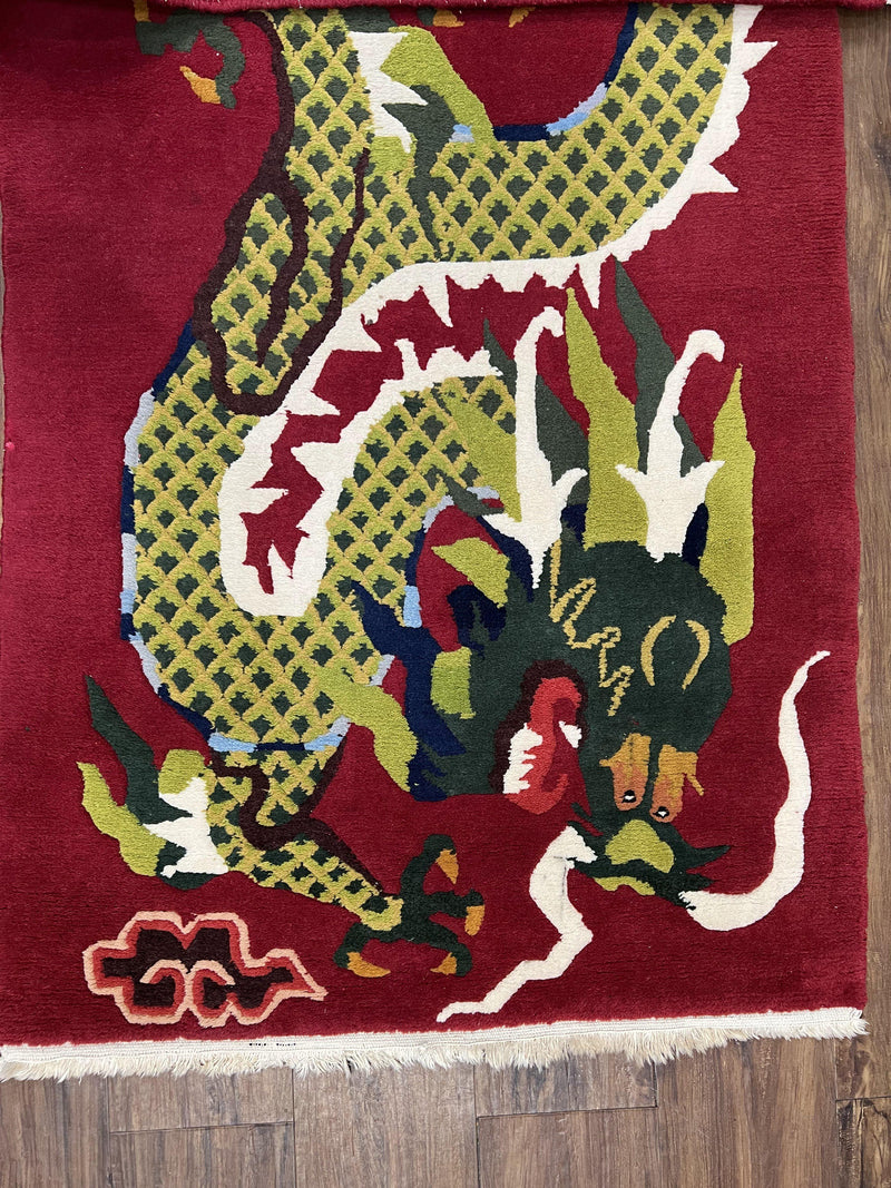 Vintage Chinese Dragon Rug 3 x 6.8, Handmade Hand Knotted Red Chinese Carpet with Gold Dragon, Art Deco Peking Soft Chinese Rug Runner by Jewel Rugs