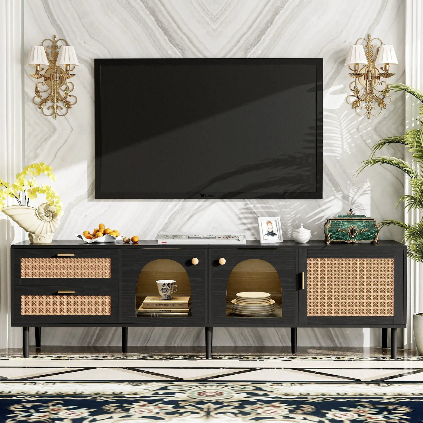 TV Stand With App-Controlled LED Lights, 2 Drawers & Door Storage by HouseOfZazla