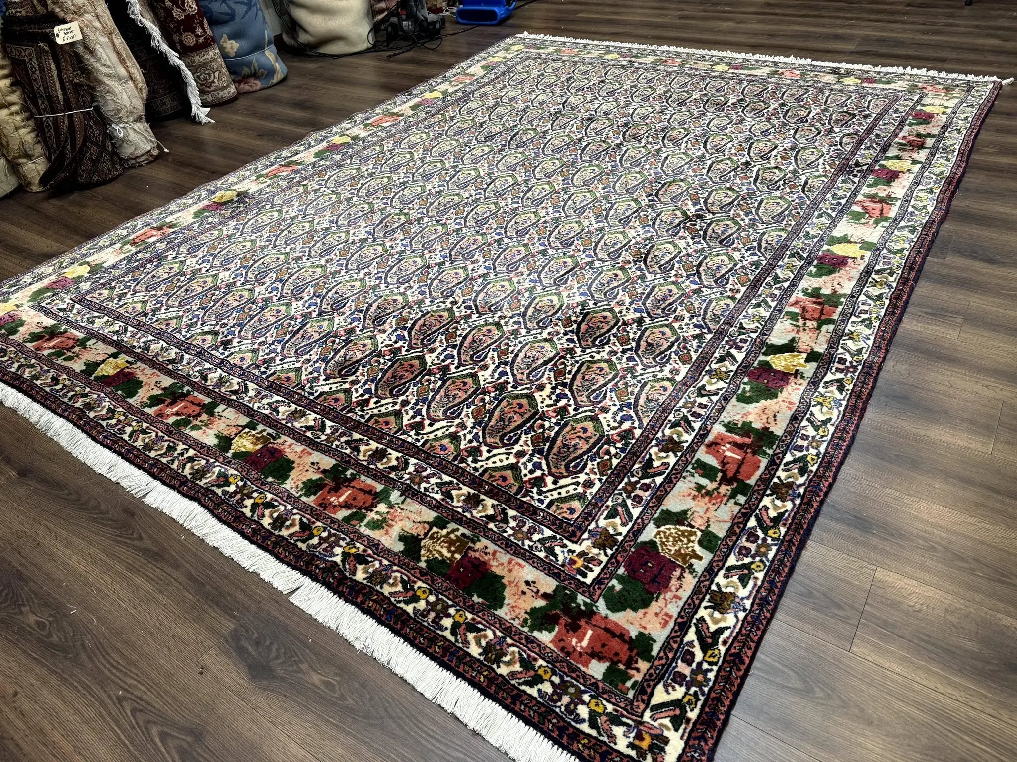 Persian Kurdish Rug 8x11, Repeated Allover Boteh Paisley Design, Bird Pictorials, Rare Antique Sannadaji Carpet by Jewel Rugs