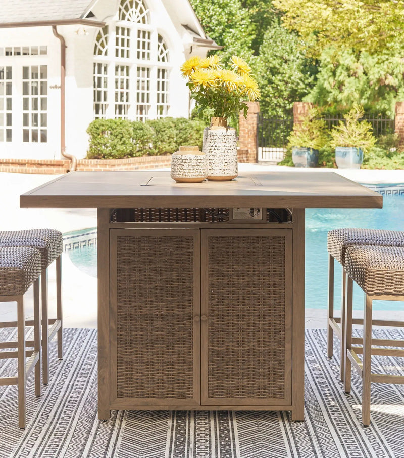 Walton Bridge - 5 Pc. - Square Bar Table W/Fire Pit, 4 Barstools - Driftwood by Unique Piece Furniture