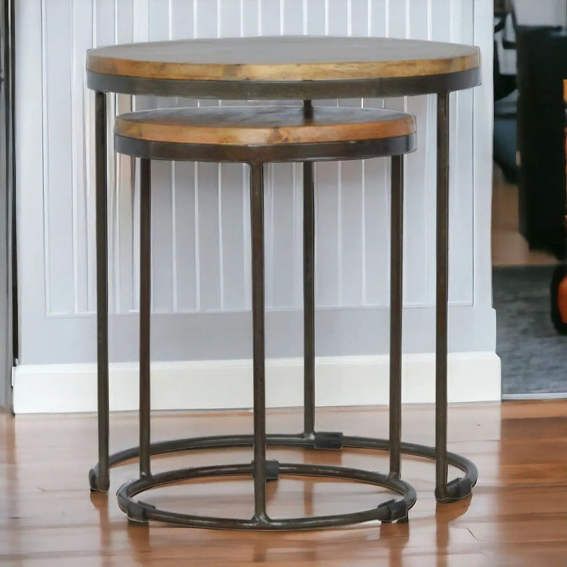 Round Stool Table With Iron Base (Set of 2) - Brown / Black by HouseOfZazla