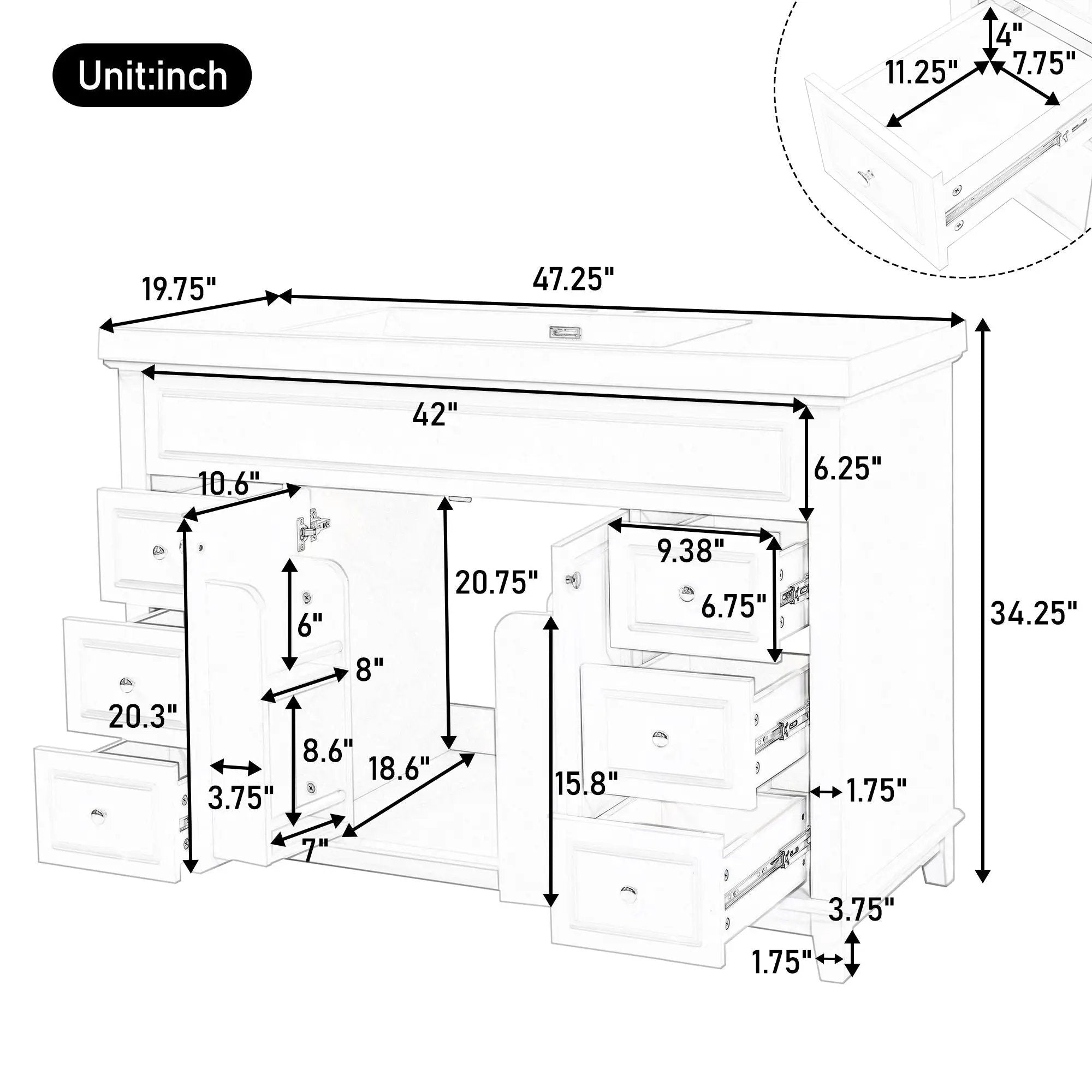 Bathroom Vanity Cabinet Only, 6 Soft Close Drawers & Double Doors With 2 Tier Shelves - White by HouseOfZazla
