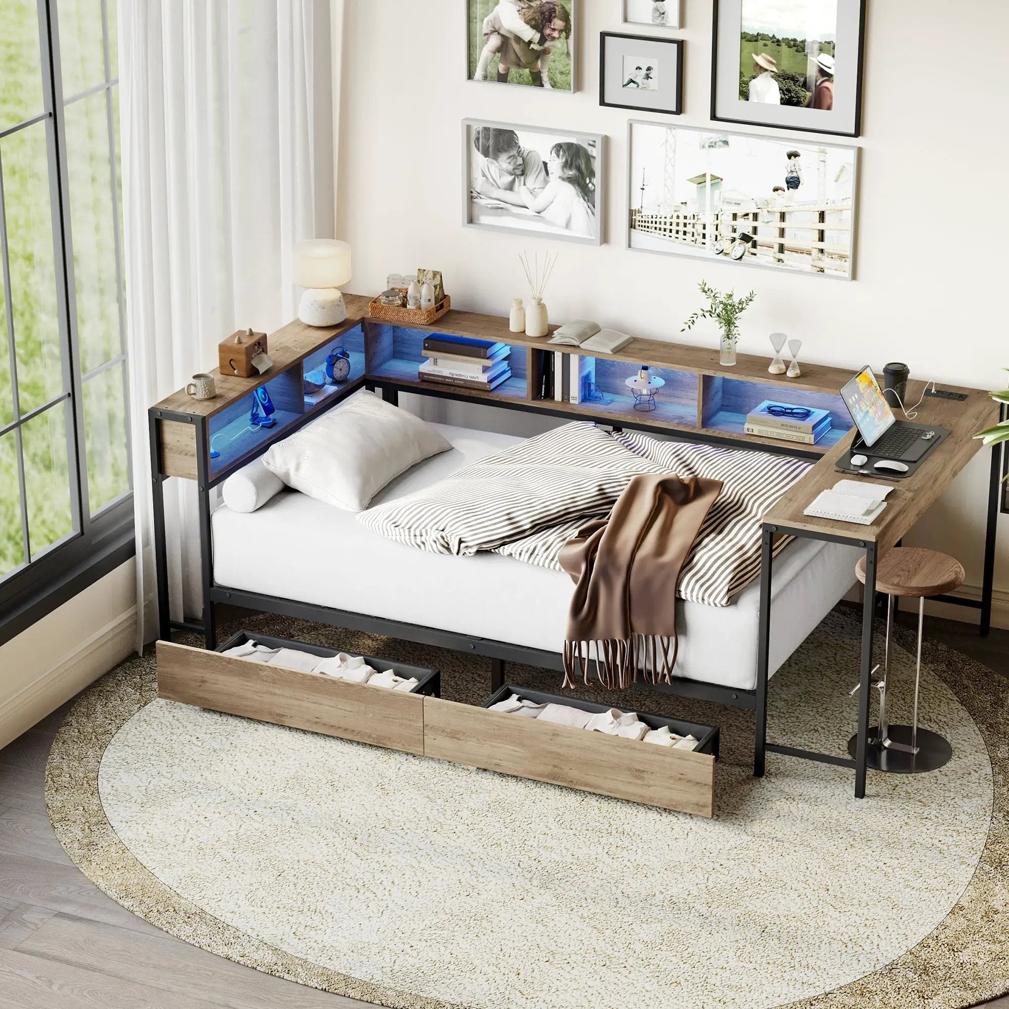 Corner Bed Frame Full Size with Bookcase and Storage Drawers by HouseOfZazla