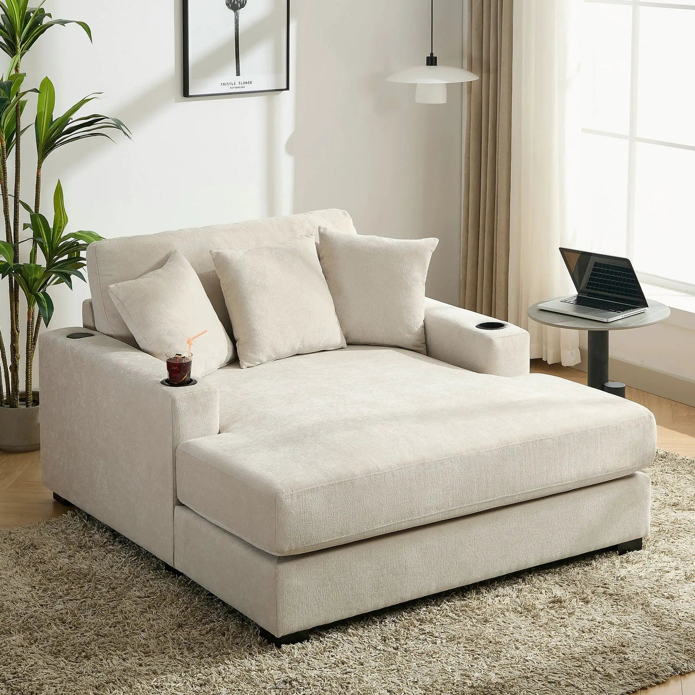 Oversized Chaise Lounger Modern Style Sofa Couch With Pillows, Charge Station & Cup Holders by HouseOfZazla
