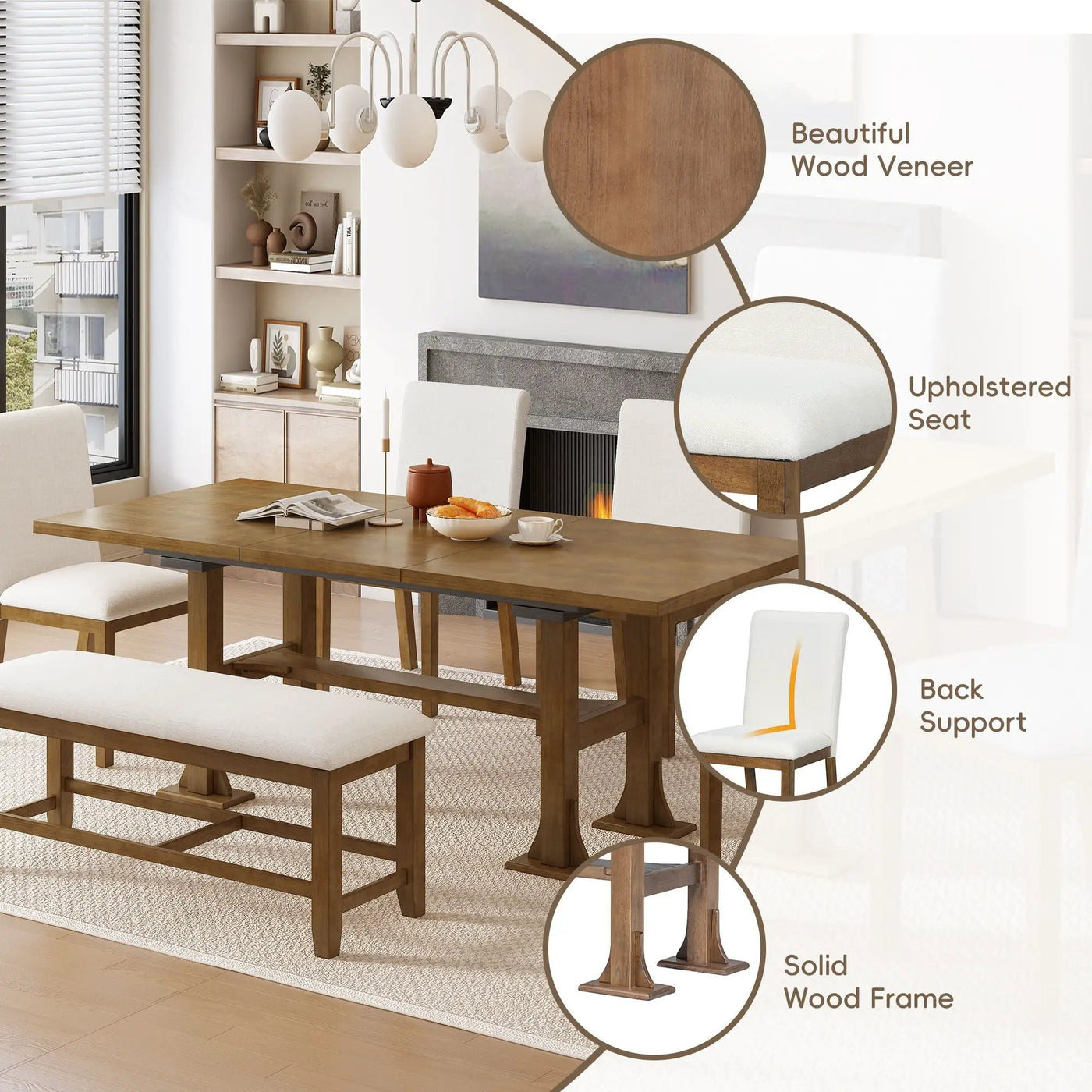 Topmax - 6 Piece Farmhouse Extendable Dining Table Set Trestle Kitchen Table Set With Removable Leaf And Upholstered Dining Chair And Bench For Dining Room by Unique Piece Furniture
