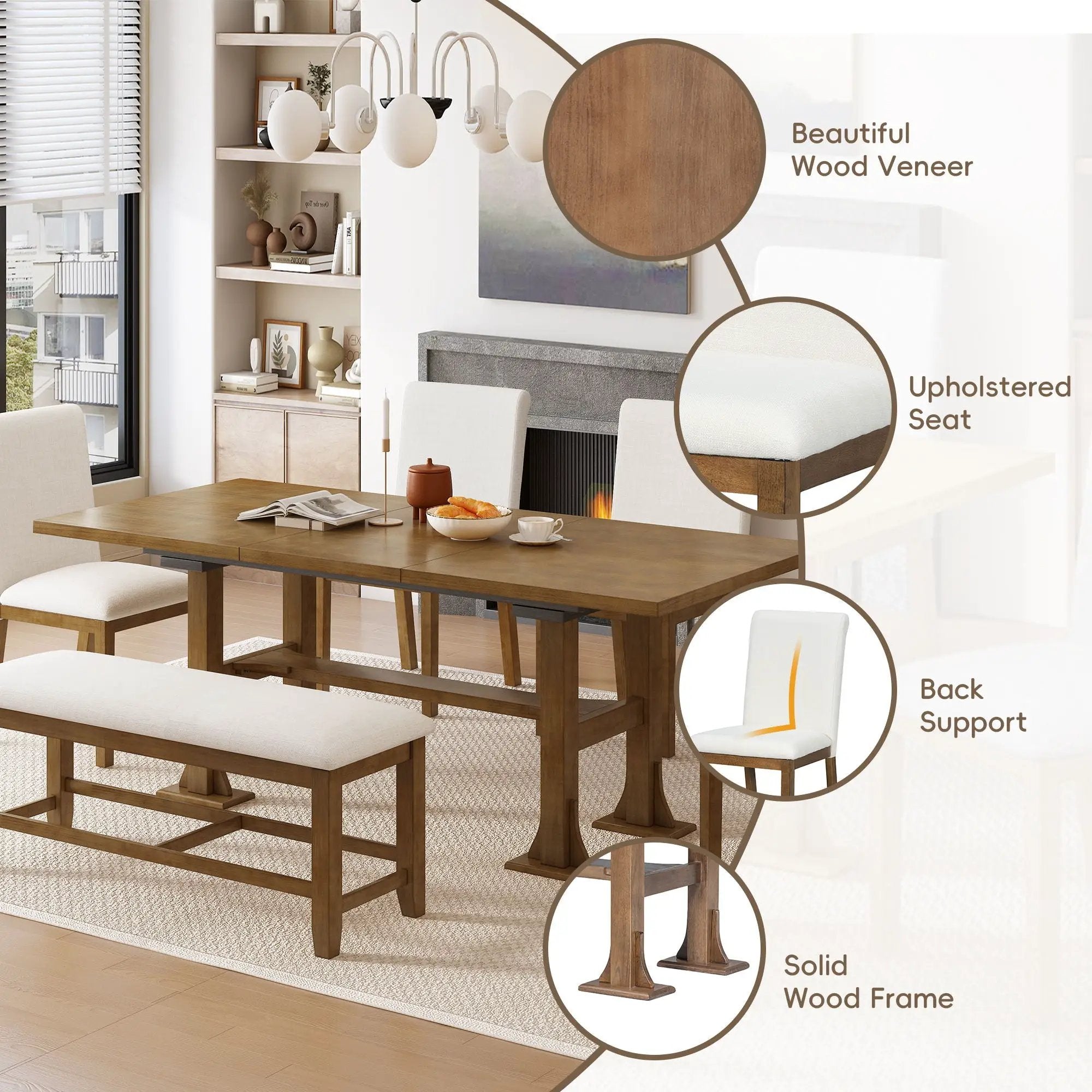 Topmax - 6 Piece Farmhouse Extendable Dining Table Set Trestle Kitchen Table Set With Removable Leaf And Upholstered Dining Chair And Bench For Dining Room by Unique Piece Furniture