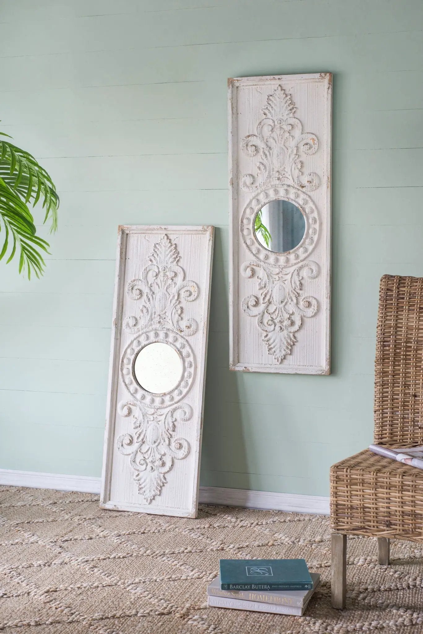 Large Wooden Wall Art Panels With Distressed Round Mirror Accents (Set of 2) - White by Unique Piece Furniture
