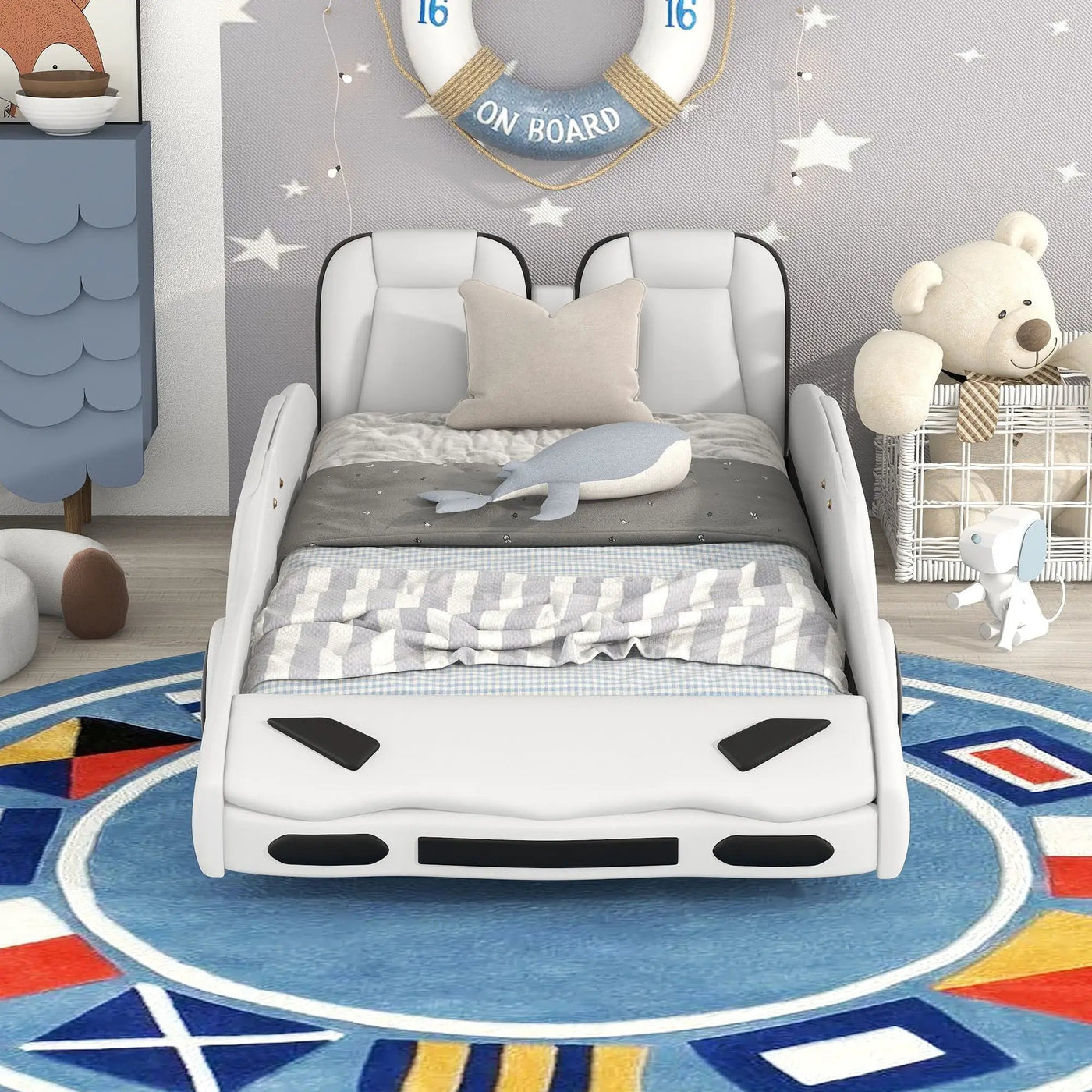 Race Car Shaped Twin Platform Bed With Wheels, Pine Wood Construction by HouseOfZazla