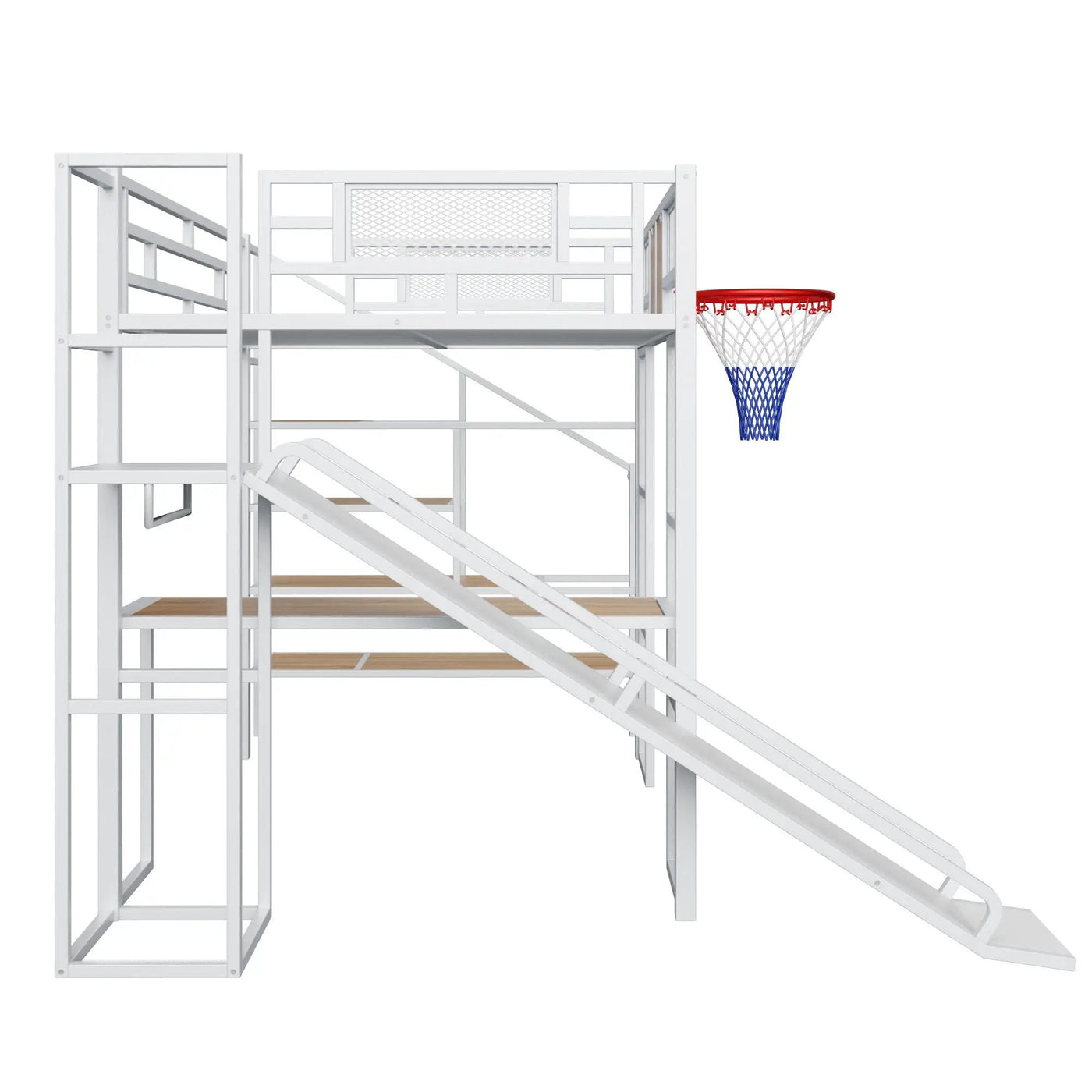 Loft Bed With Built In Desk, Open Wardrobe, Basketball Hoop, Slide And Staircase by HouseOfZazla