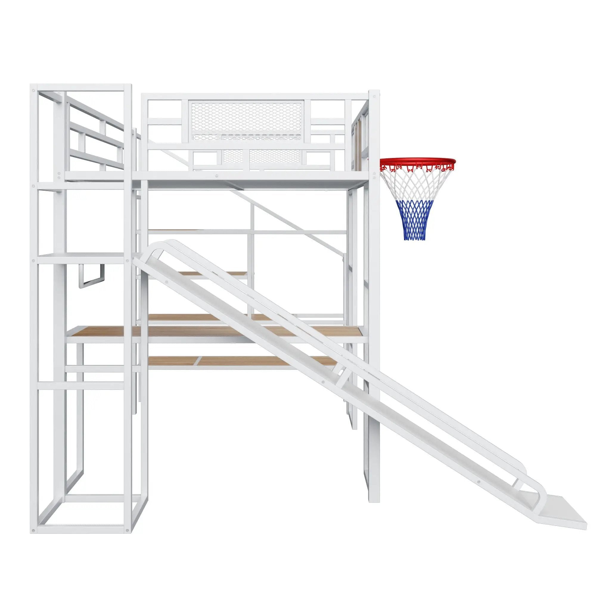Loft Bed With Built In Desk, Open Wardrobe, Basketball Hoop, Slide And Staircase by HouseOfZazla