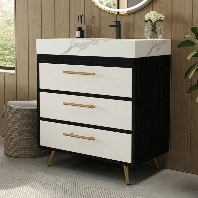 Modern Free-Standing Bathroom Vanity with Ceramic Vessel Sink & Durable Sintered Stone Top by HouseOfZazla