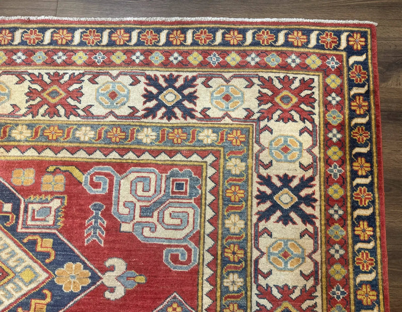 Turkish Kazak Rug 7.6 x 9.5, Geometric Medallions, Caucasian Pattern by Jewel Rugs