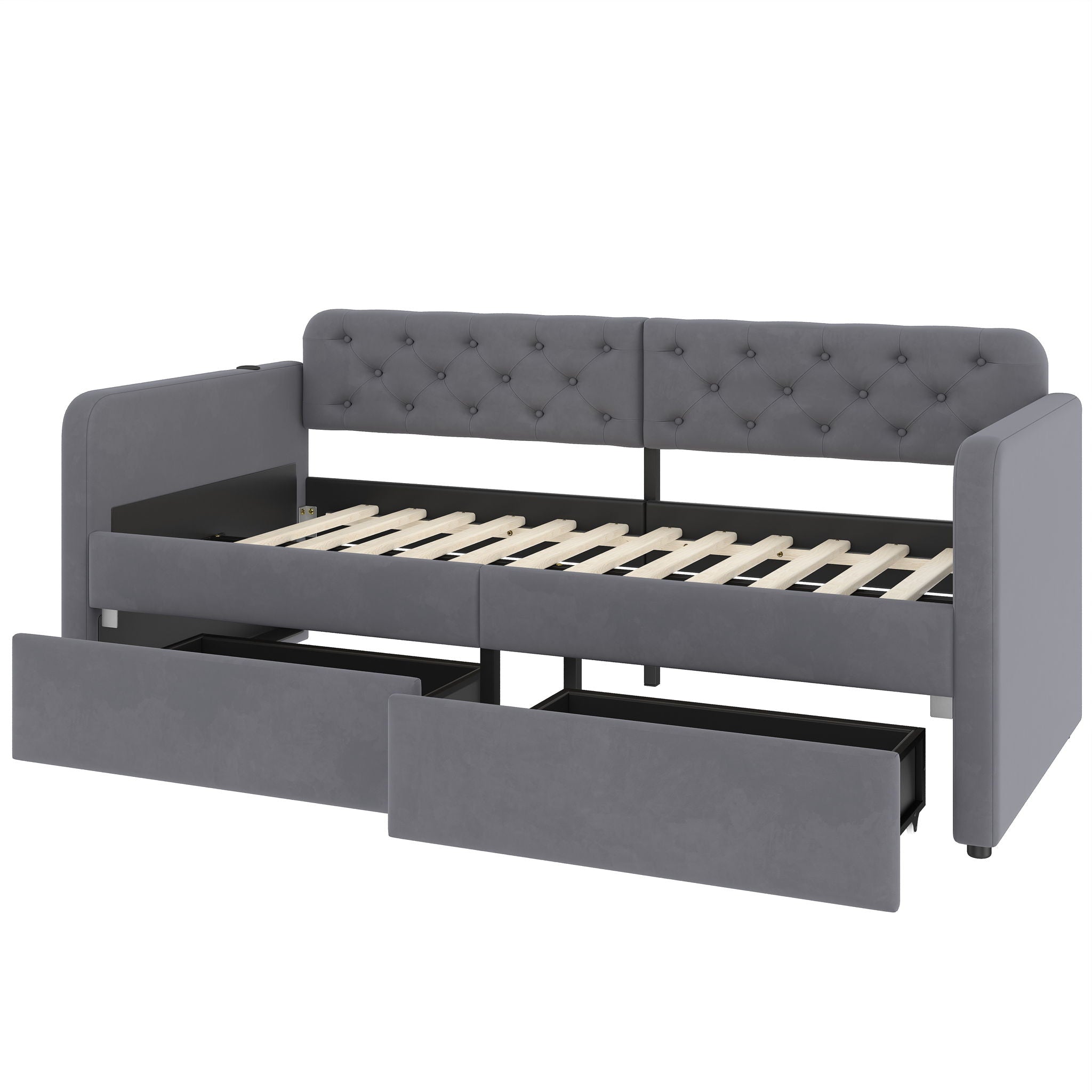 Twin Size Upholstered Daybed With 2 Storage Drawers And USB Charging Design - Gray by HouseOfZazla