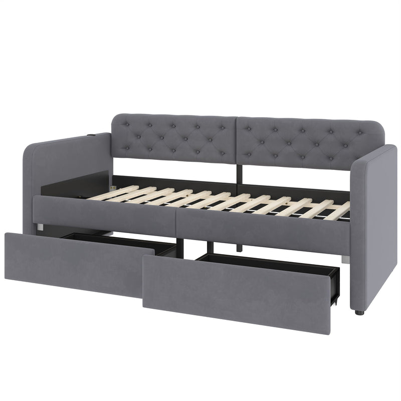 Twin Size Upholstered Daybed With 2 Storage Drawers And USB Charging Design - Gray by HouseOfZazla