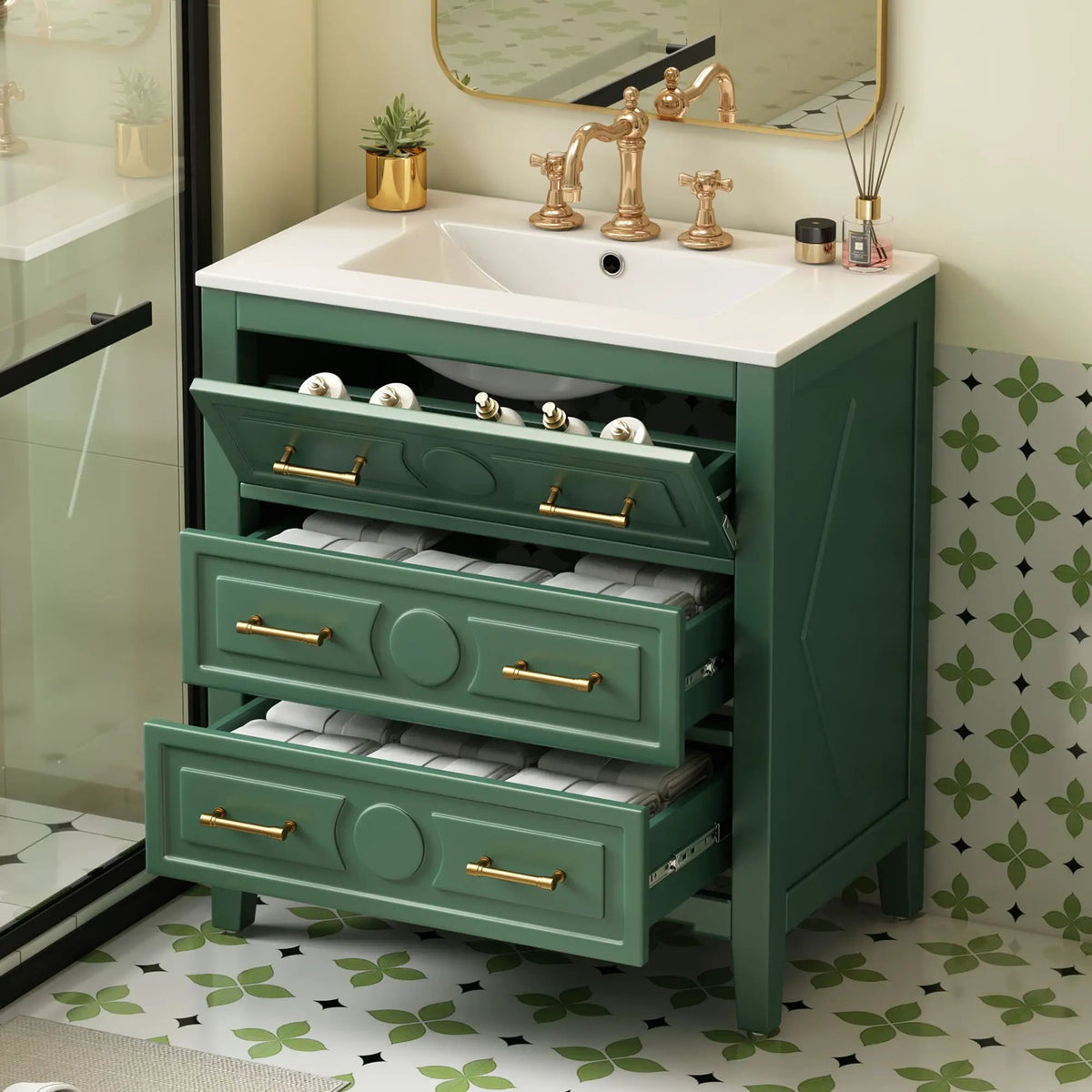 Retro Bathroom Vanity With Sink Combo, Free Standing Single Set With 3 Drawers, photo 16 of 21
