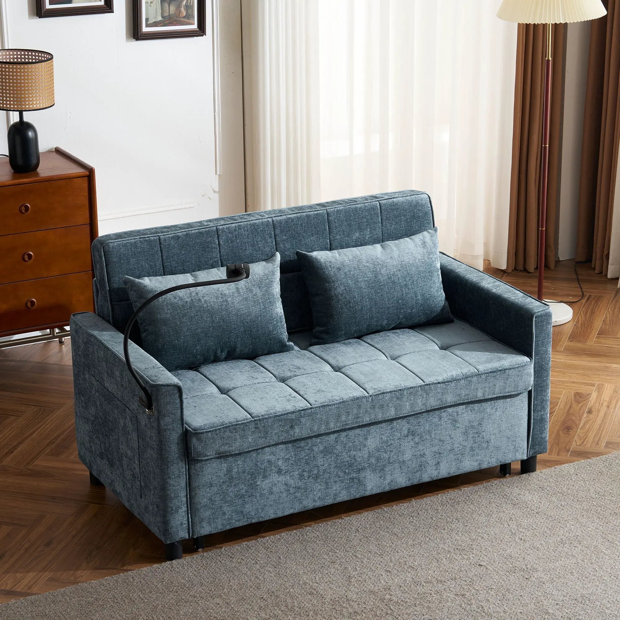 Pull-Out Sleeper Sofa With Reversible Backrest Cushion, Side Pockets, 2 USB Ports And A Phone Holder For Living Room by HouseOfZazla
