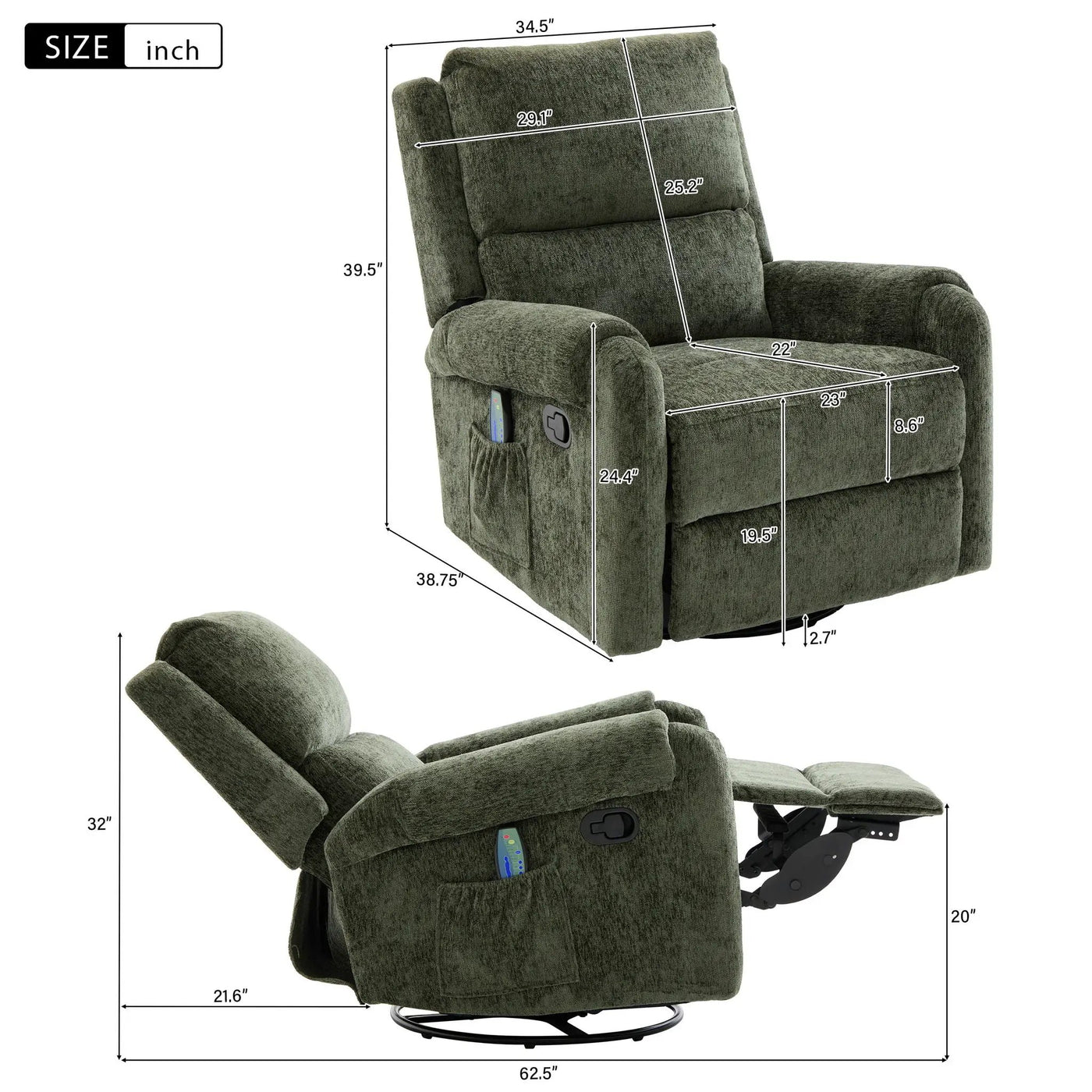 Manual Recliner Massage Chair With Swivel Rocker, 8 Massage Modes, Side Storage Pocket by HouseOfZazla