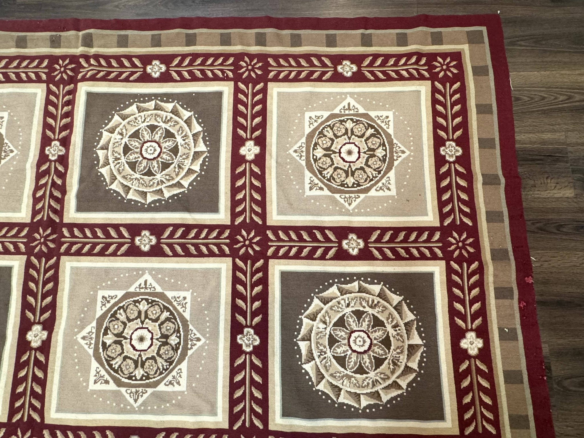 Needlepoint Rug 9x12, Panel Design, Burgundy Taupe, Elegant by Jewel Rugs