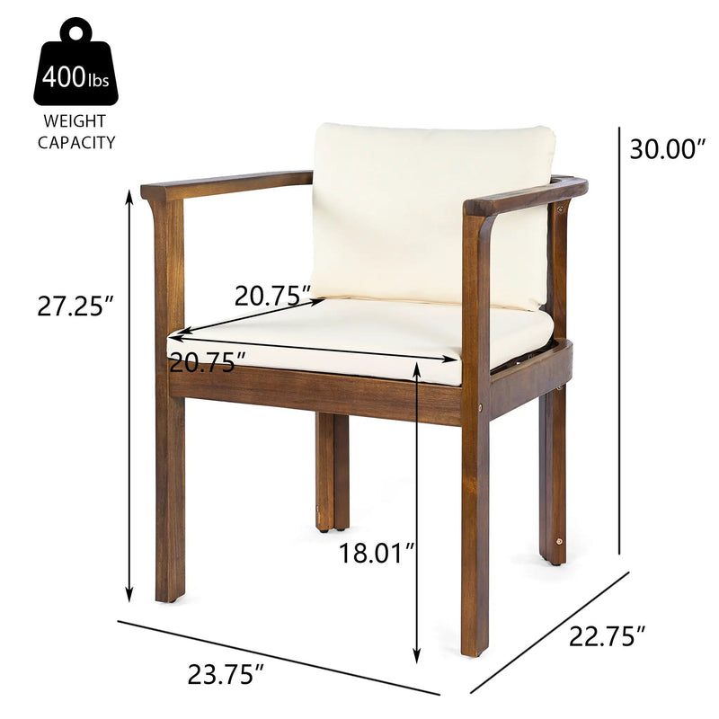Outdoor Dining Chair Set of 2 with Curved Acacia Wood Arms, Brown Finish and Cream Cushions by HouseOfZazla