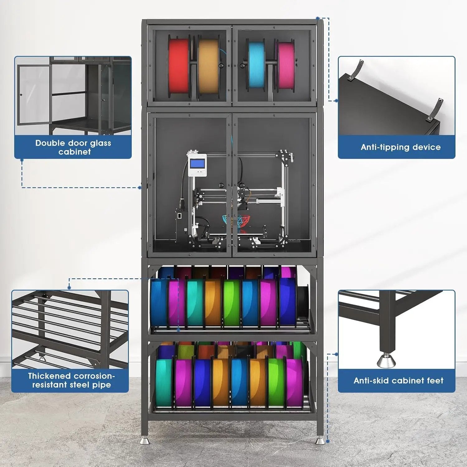 3D Printer Cabinet With Double Layer Filament Storage, Noise Reducing Design - Black by Unique Piece Furniture