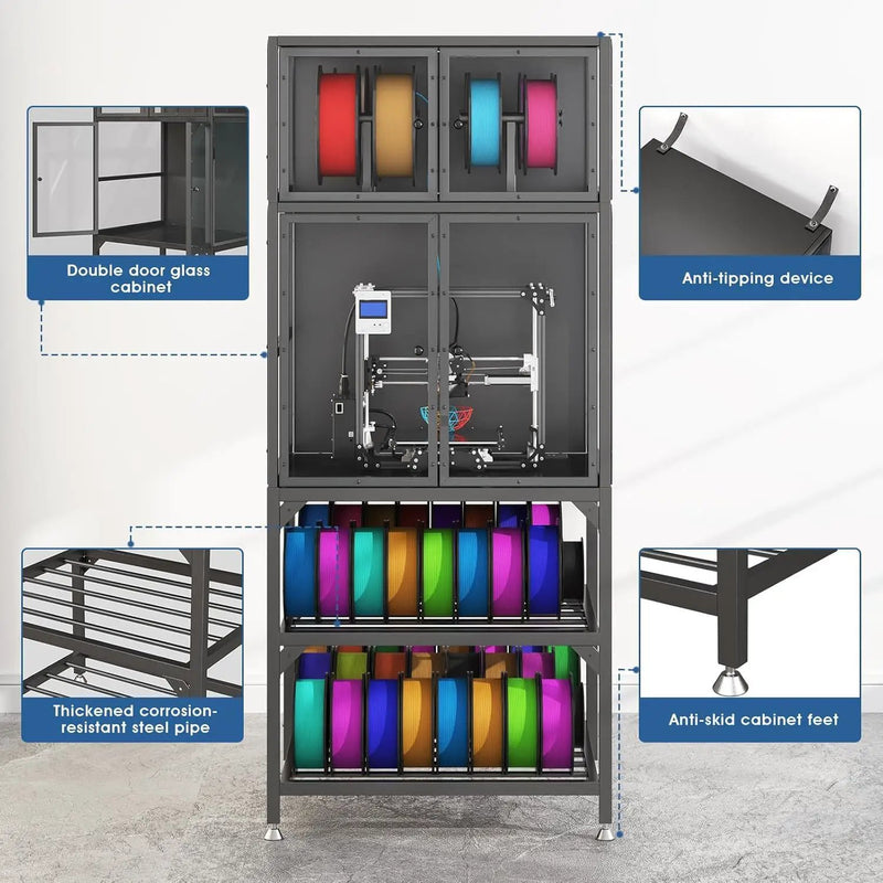 3D Printer Cabinet With Double Layer Filament Storage, Noise Reducing Design - Black