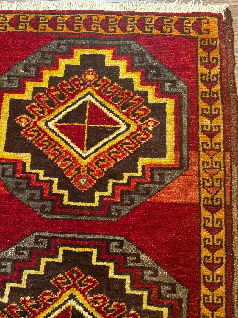 Small Antique Turkish Yastik Rug 2x3, Double Medallions, Geometric, Red, Wool by Jewel Rugs