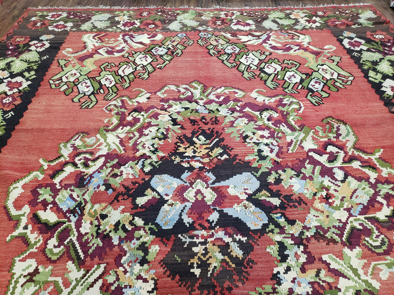 Karabakh Rug 8x11, Caucasian Kilim Rug, Vintage Antique Turkish Anatolian Azerbaijani Carpet, Wool Red & Black Hand-Woven 8 x 11 Living Room by Jewel Rugs