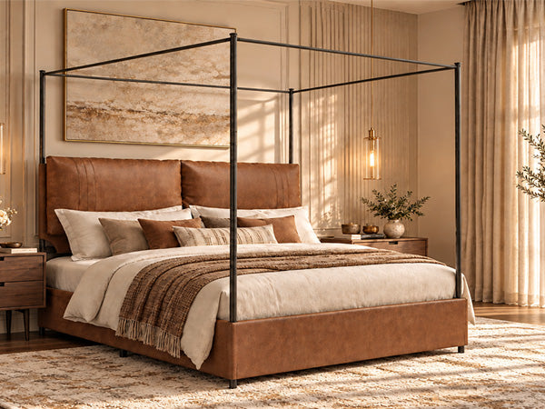 Queen Canopy Bed Frame with Four Poster Metal Design - Rustic Faux Leather, photo 8 of 10