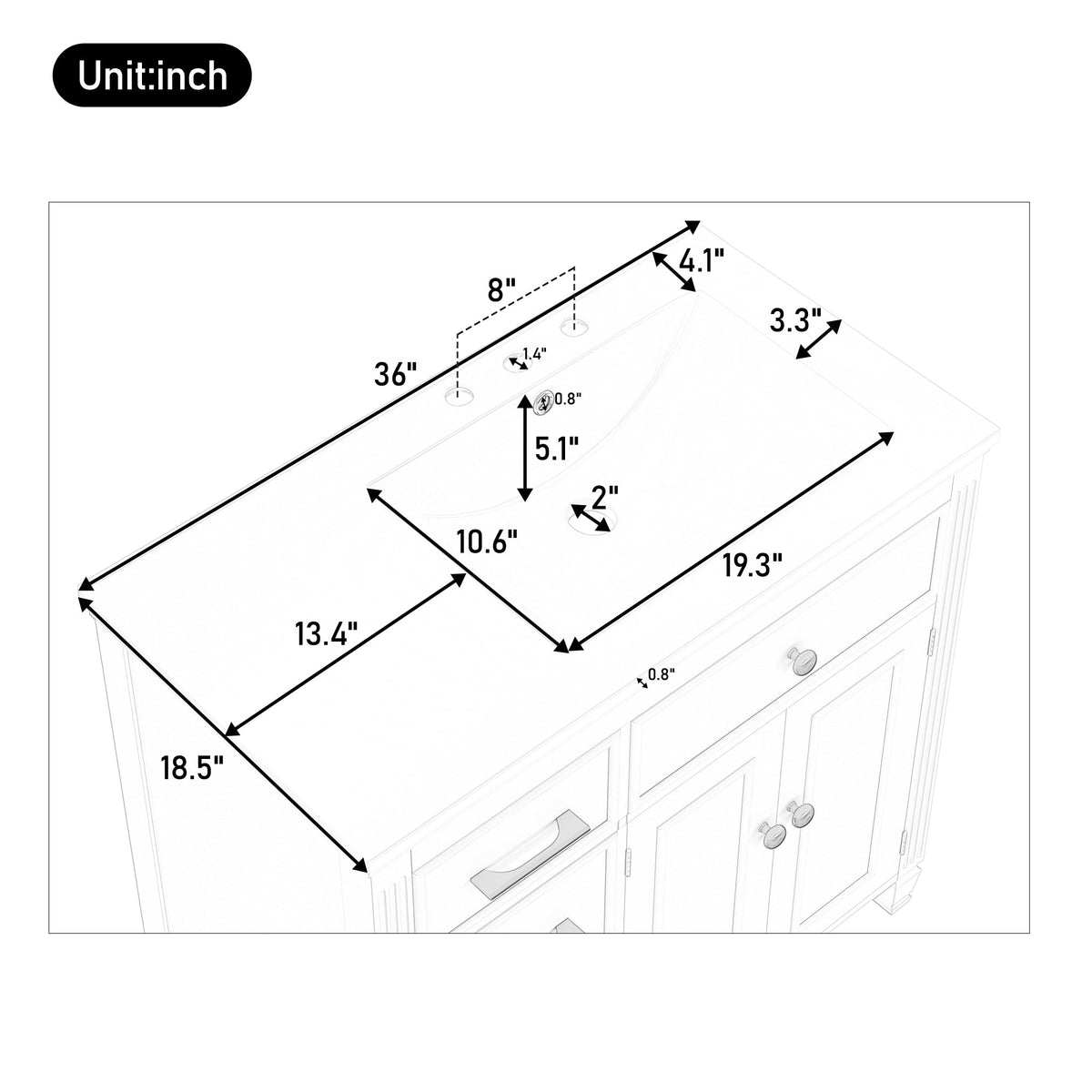 36" Bathroom Vanity with Ceramic Sink and Ample Storage - Blue Gray, Black, White, photo 9 of 10