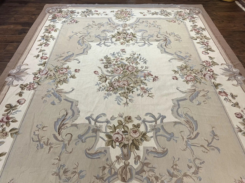 Aubusson Needlepoint Rug 9x12, VIntage Handmade Wool Beige Floral European Elegant Rug 9 x 12, Floral Roses by Jewel Rugs