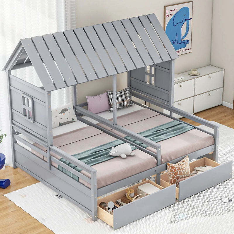 House Platform Beds With 2 Drawers, Side By Side Design by Unique Piece Furniture
