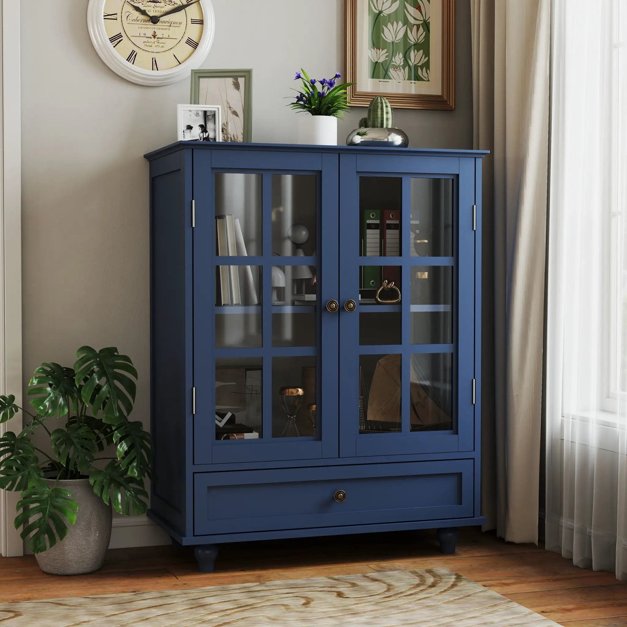 Minimalist Buffet Cabinet With Double Glass Doors And Drawer