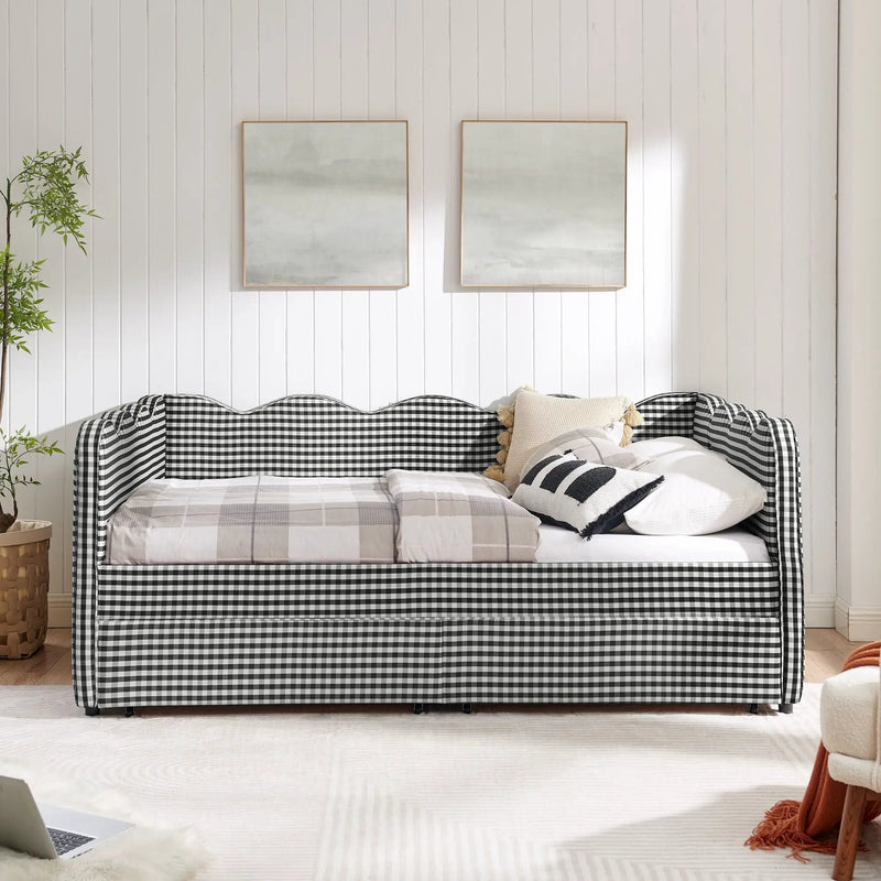 Gingham Daybed With USB Charging Port, Wave-Shaped Design by Unique Piece Furniture