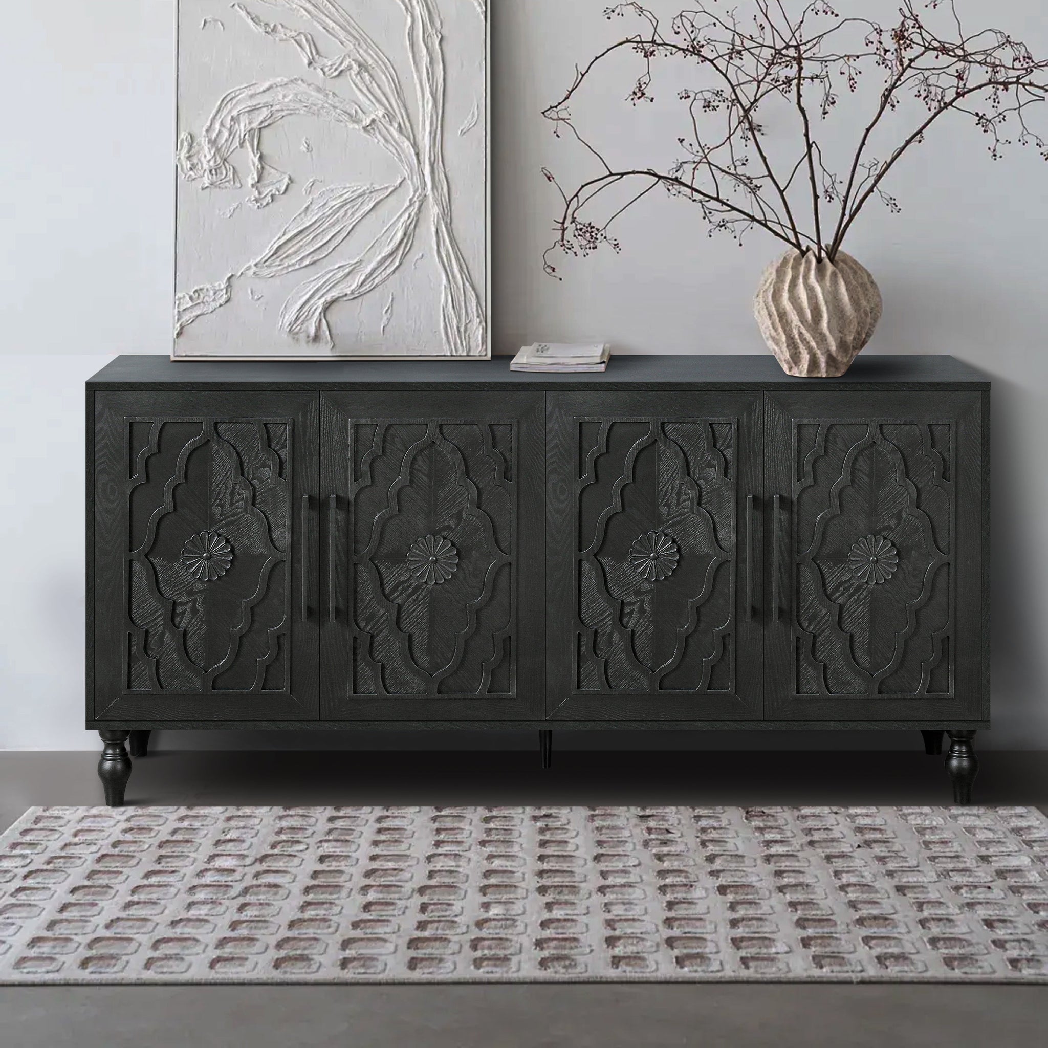 Carved Flower Door Large Storage Cabinet with Metal Handle by HouseOfZazla