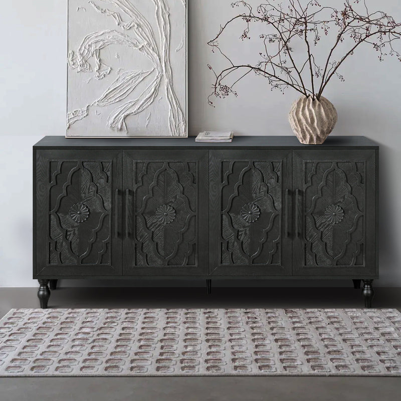 Carved Flower Door Large Storage Cabinet with Metal Handle by HouseOfZazla