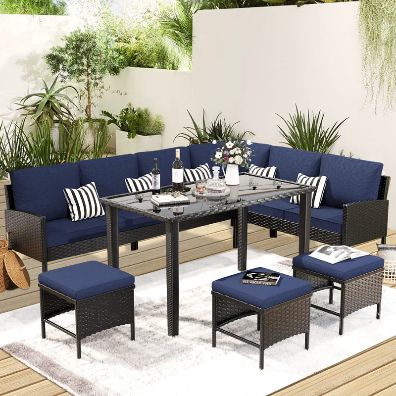 7 Piece Outdoor Furniture Set With Waterproof Cushions, Glass Table, And Space Saving Design - Blue by HouseOfZazla