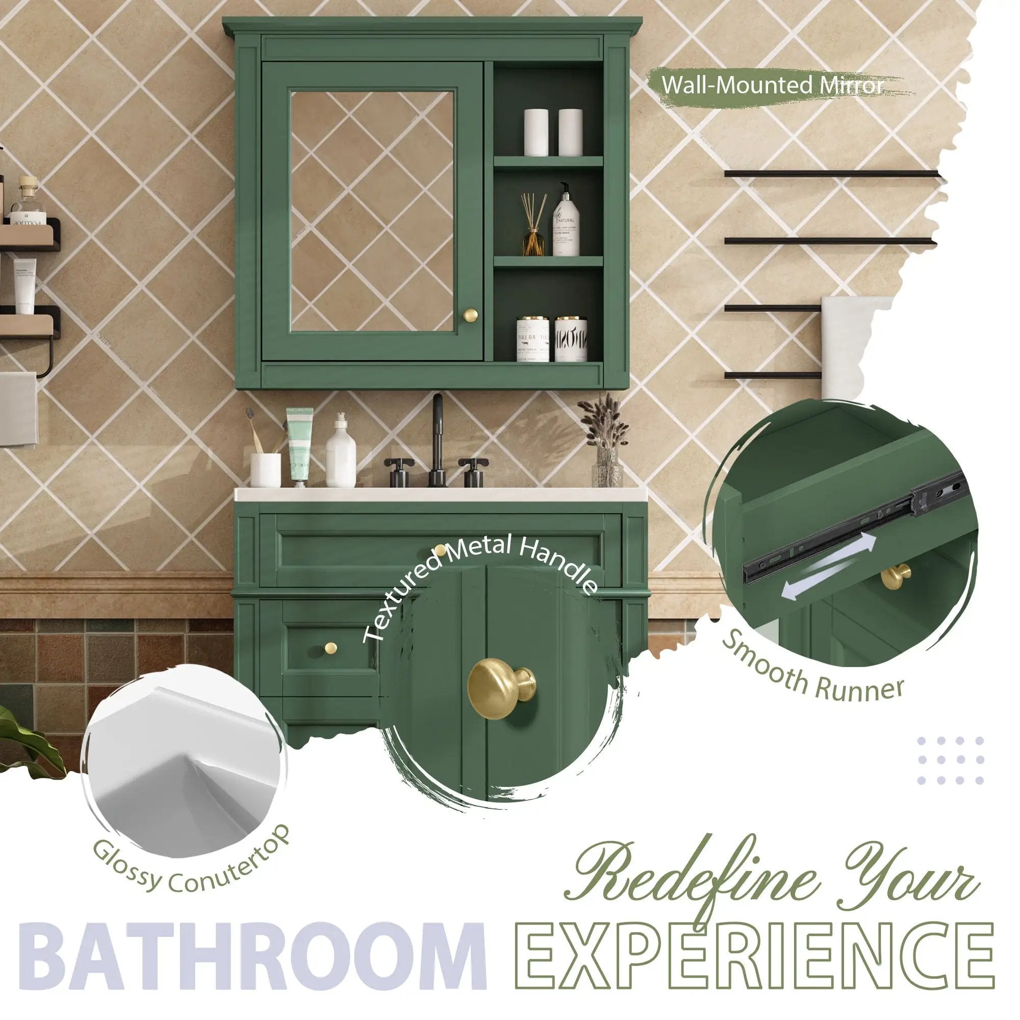 Bathroom Vanity With Medicine Cabinet, Royal Mirror Cabinet, Modern Bathroom Storage Cabinet With 2 Soft Closing Doors And 4 Drawers by HouseOfZazla