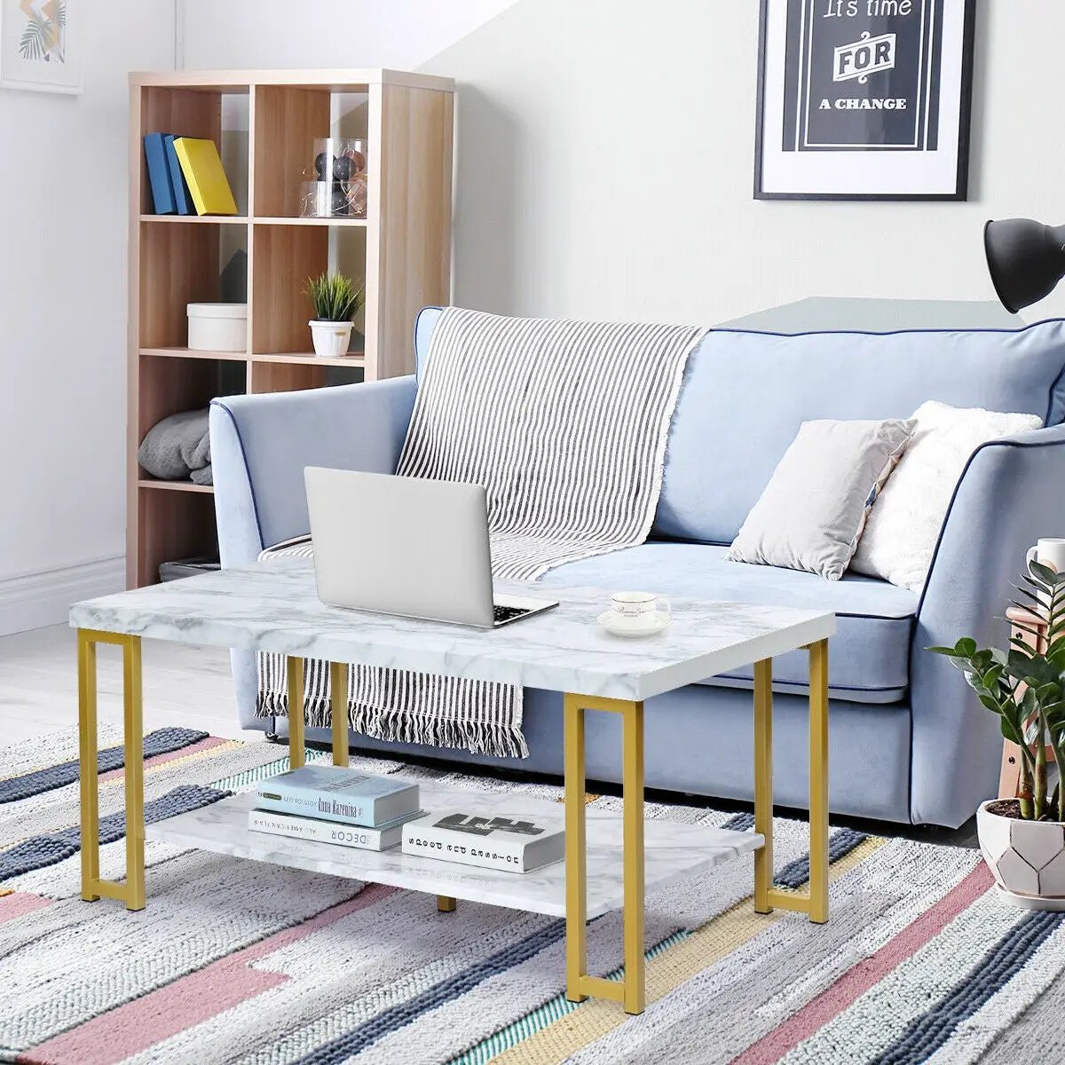 2-Tier Rectangular Modern Coffee Table with Gold Print Metal Frame by DirectDeals