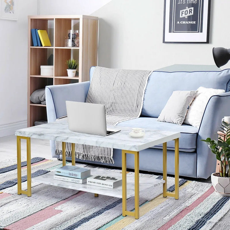 2-Tier Rectangular Modern Coffee Table with Gold Print Metal Frame by DirectDeals