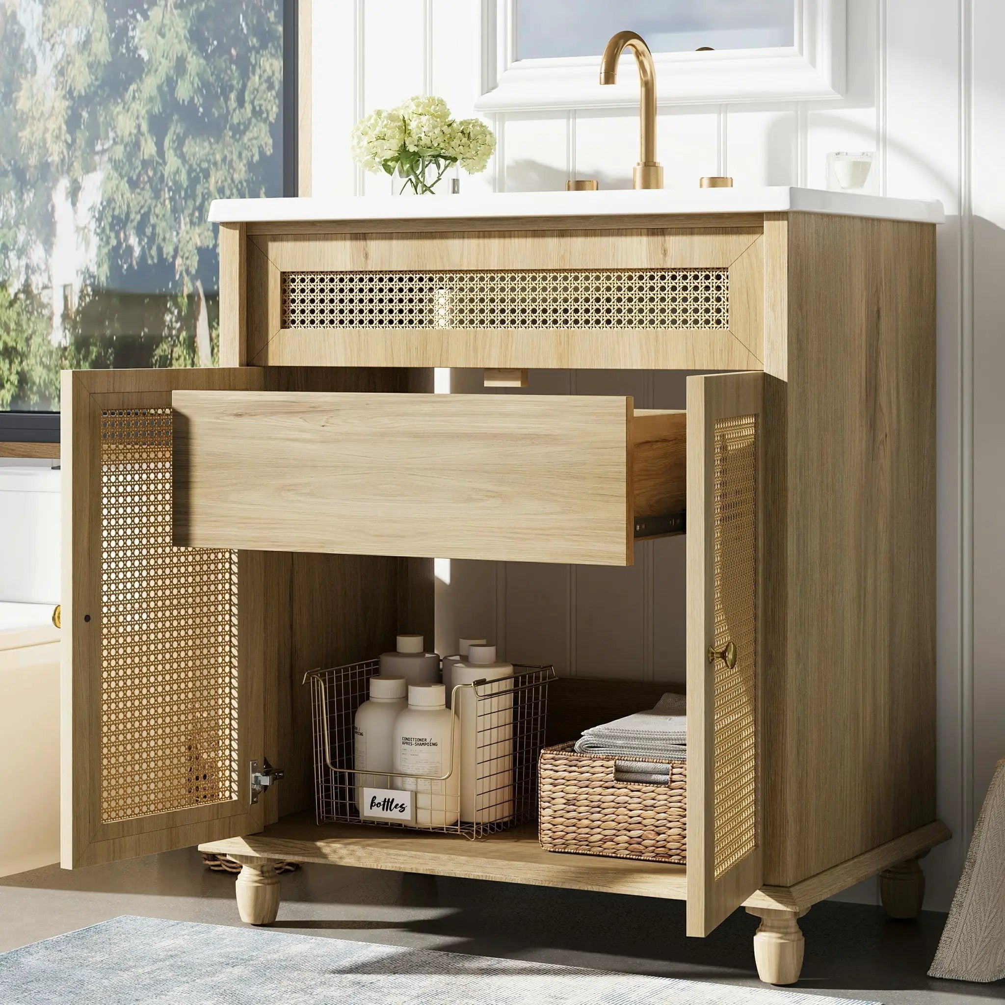 Bathroom Vanity With Handwoven Rattan Doors, Resin Basin - Natural Wood by HouseOfZazla